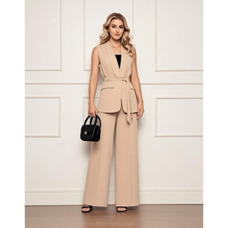conjunto alfaiataria colete alongado com cinto e calça pantalona em Oferta na Shopee