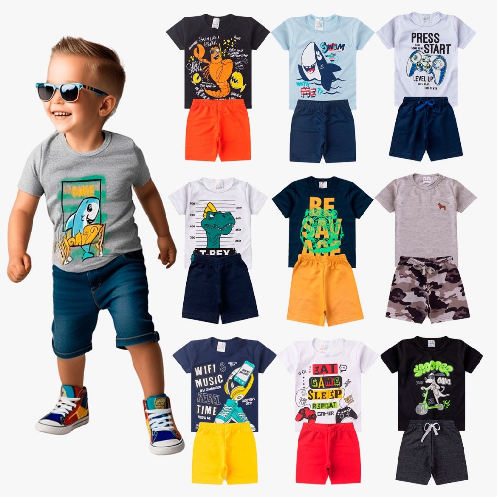 kit 10 peças são 5 conjuntos masculino infantil verão bermudas e camisas estampas tamanho 1 ao 8