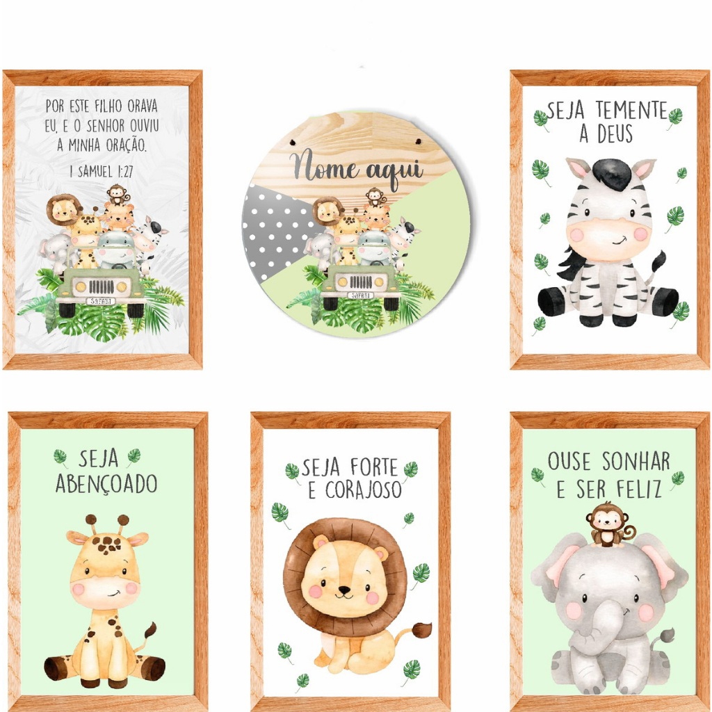Kit Quadro Plaquinhas + Mandala Quarto Infantil Safari Aquarela Verde Nome Personalizado em Oferta na Shopee