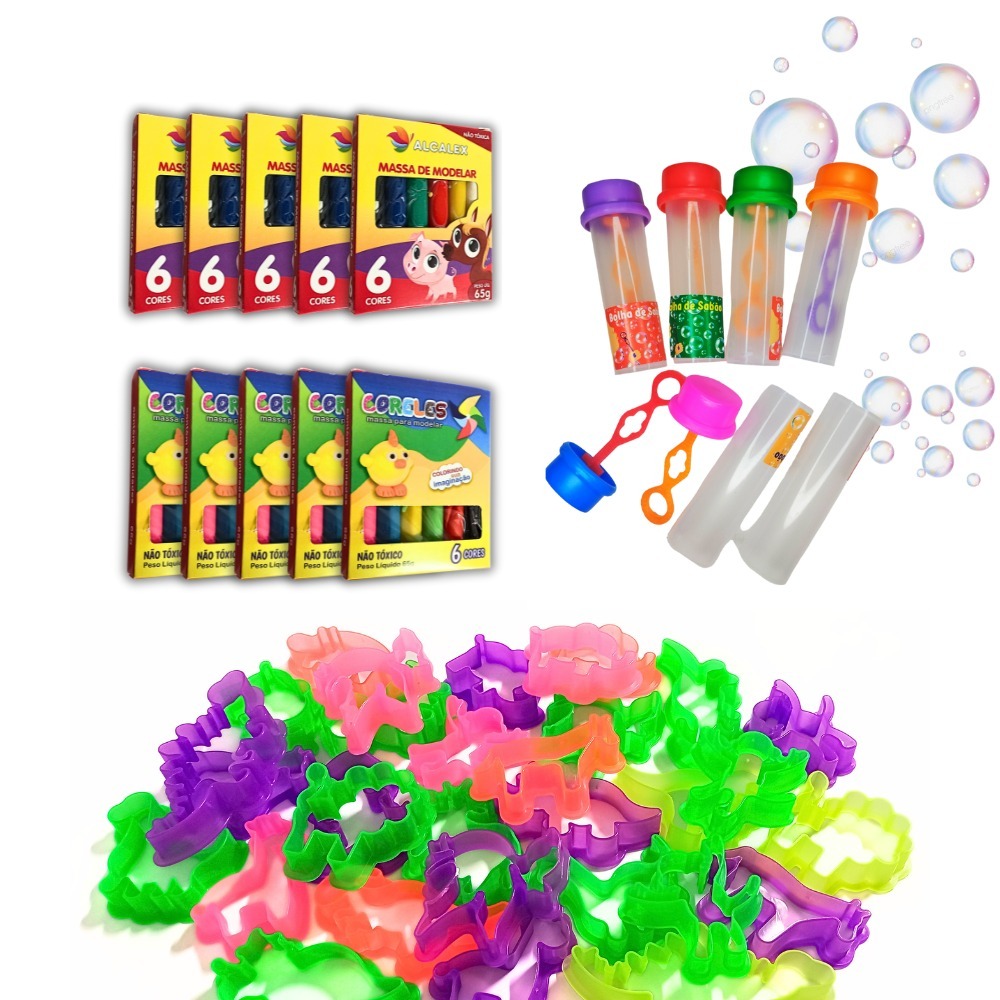 30 Cxs Massinha de Modelar + 30 Tubo Para Bolha de Sabao + 60 Cortador Para Kit Festa Lembrancinha em Oferta na Shopee