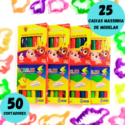 25 Cx Massinha de Modelar+ 50 Cortador Molde Forminha Lembrancinha Infantil Festa Aniversario Prenda