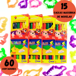 Kit 15 Cx Massinha Modelar + 60 Forminhas Cortador Molde Para Festa Aniversario Prenda Lembrancinha