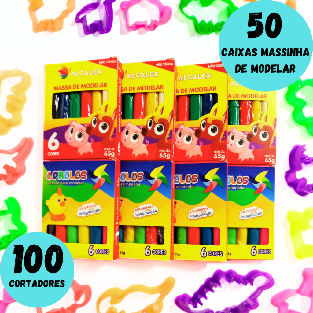 50 Cxs Massinha 6 Cores+ 100 Forminhas Cortadores de Modelar Infantil Kit Lembrancinha Prenda novo em Oferta na Shopee