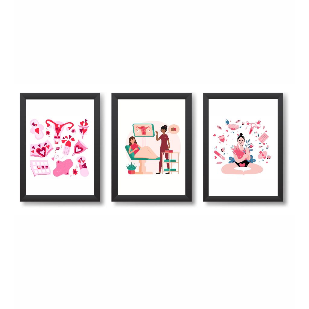 Kit 3 Quadros Decorativos Ciclo Menstrual Decoração Consultório Médico Ginecologia Molduras 20x30cm Madeira