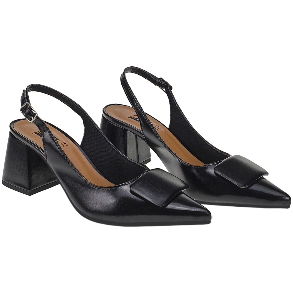 Detalhes do Sapato Social Scarpin Feminino Slingback Confortável com Enfeite Quadrado 18203