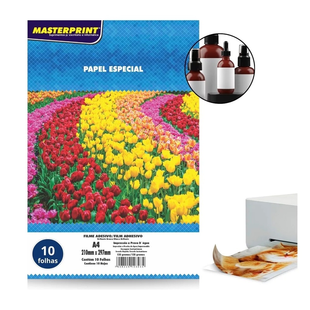 Adesivo Vinil Branco Brilho A4 135g Impressora Jato de Tinta Masterprint Pacote 10 Folhas