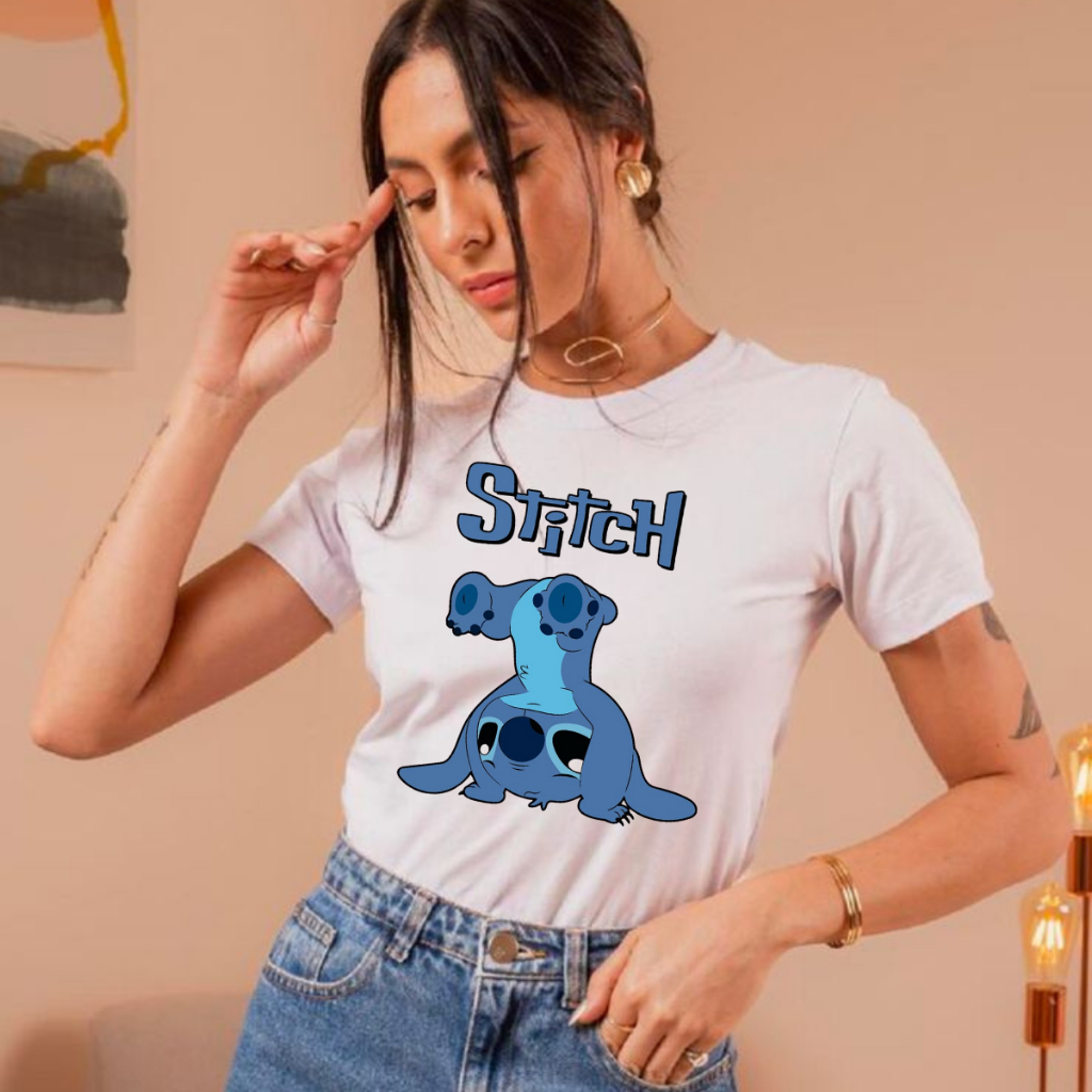 Blusa Feminina Baby Look Stitch Lilo Lançamento Filme 2025 Cabeça Pra Baixo Estampada Camiseta Algodão 100% Premium