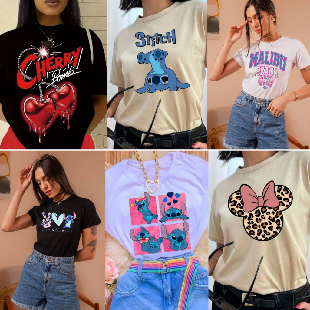 Blusa Feminina Baby Look Estampada Diversas Camiseta Feminina Algodão Baby Look Blusa T-shirt Algodão Manga Curta