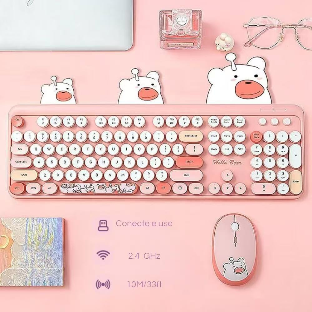 Teclado e Mouse Sem Fio Kit Hello Bear Geezer 2.4G  Wireless Várias Cores com Mousepad de ...
