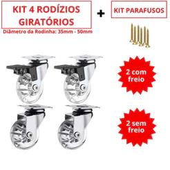 Kit 4 Rodizio Giratório Gel Rodinha Silicone 2 Com Trava 2 Sem Trava COM Parafusos - 35mm 50mm