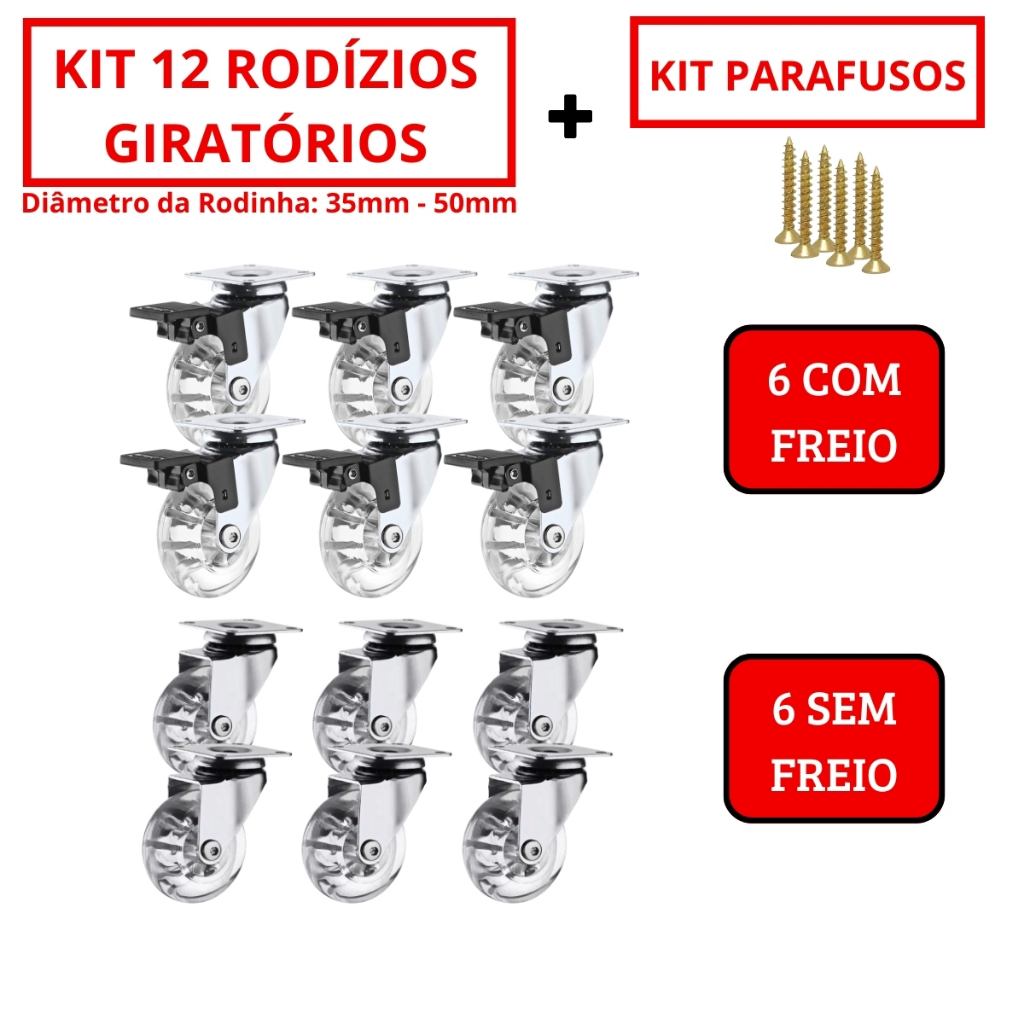 Kit 12 Rodizio Giratório Gel Rodinha Silicone 6 Com Trava 6 Sem Trava COM Parafusos 35mm 50mm 75mm