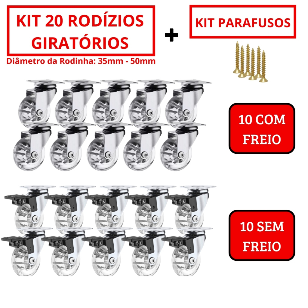 Kit 20 Rodizio Giratório Gel Rodinha Silicone 10 Com Trava 10 Sem Trava COM Parafusos 35mm 50mm 75mm