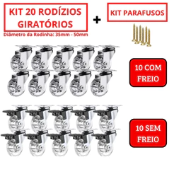 Kit 20 Rodizio Giratório Gel Rodinha Silicone 10 Com Trava 10 Sem Trava COM Parafusos 35mm 50mm 75mm