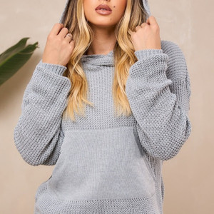 Blusa de Tricot com Capuz e Bolso Manga Longa Inverno Lançamento Trico Elegante Tendência