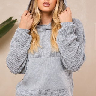 Blusa de Tricot com Capuz e Bolso Manga Longa Inverno Lançamento Trico Elegante Tendência