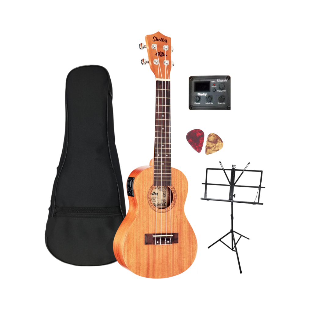 Ukulele Shelby Concert elétrico SU-23ME mogno + acessórios