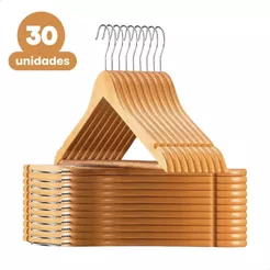 Kit 30 Cabide De Madeira Marfim Para Roupas Calça Gancho Cromado