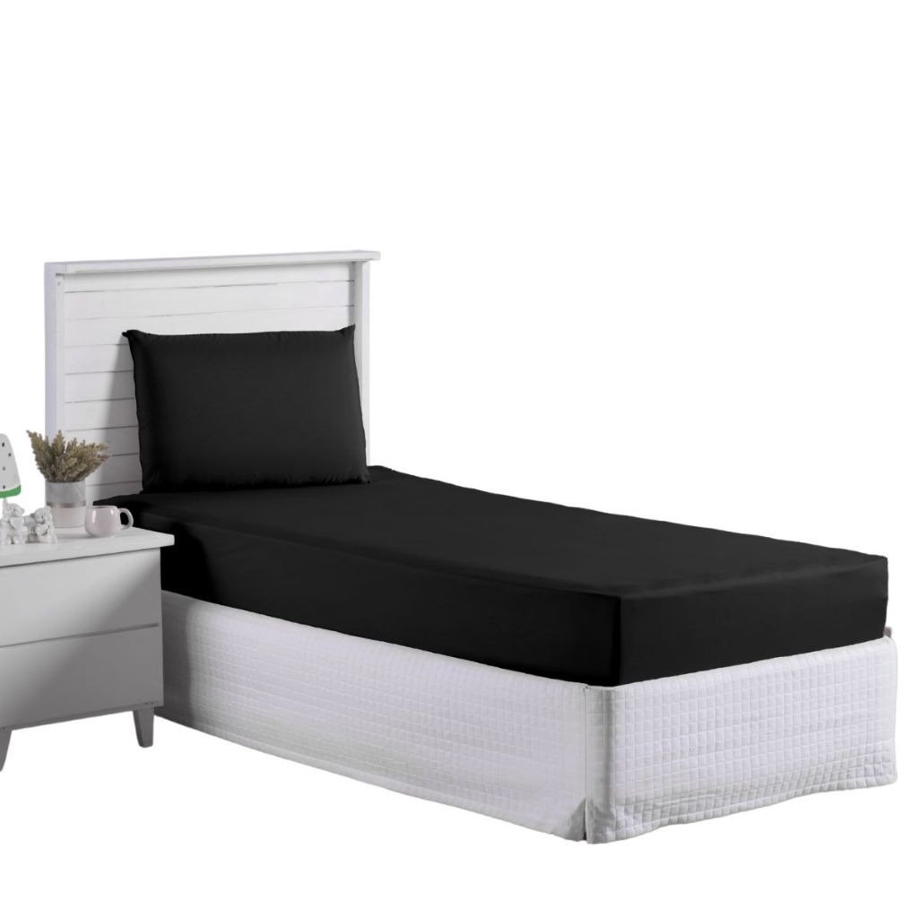 Jogo Lençol Roupa Cama Box Solteiro 2 Peças Fronha Elastico 200 Fios Preto Barato Quarto Criança