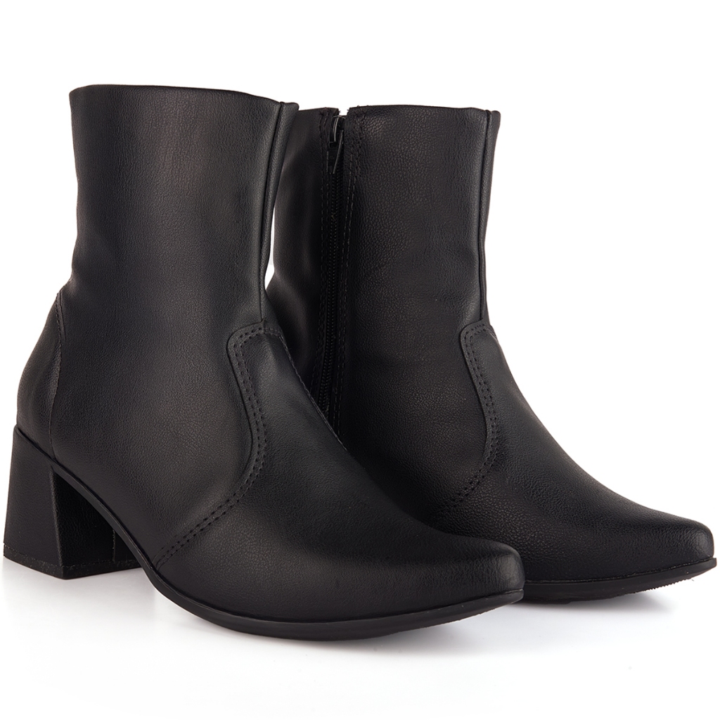 Bota Feminina Lisa Preta Bico Fino Versátil Moda Moderna Salto Bloco Zíper Coturno Mulher Inverno