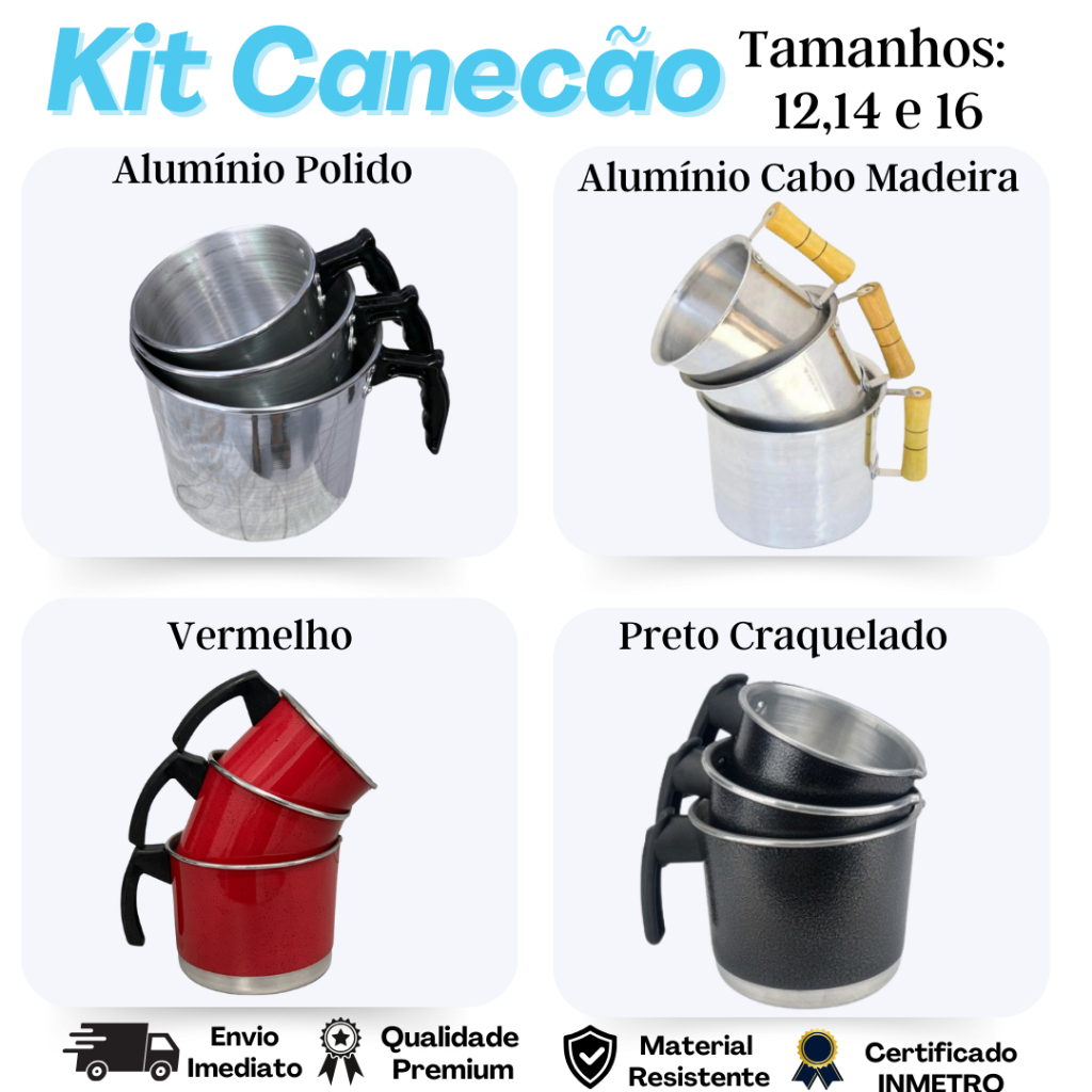 Jogo Kit Caneco Canecão Leiteira Fervedor Aluminio Polido Cabo de Madeira Colorido Preto Vermelho