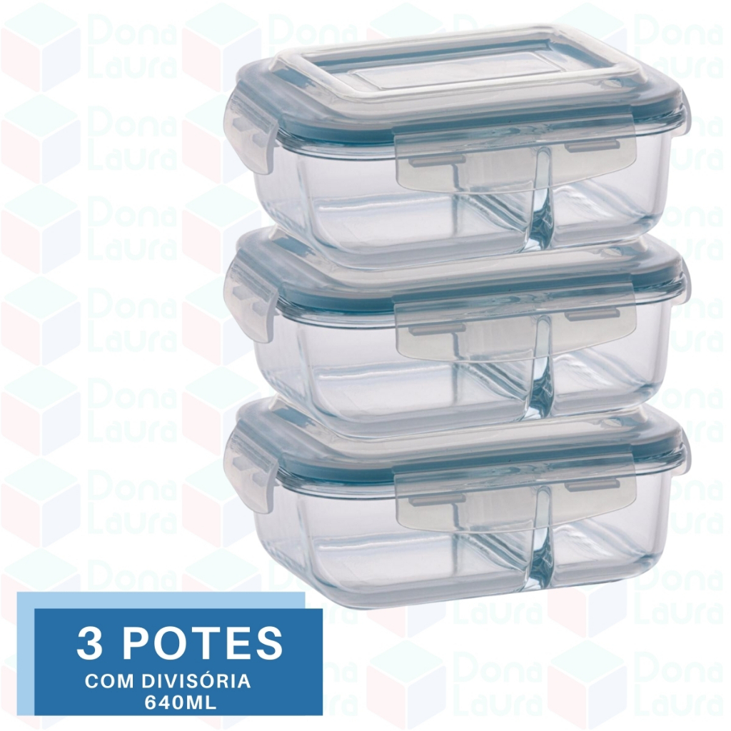 Jogo 3 Potes 640ml Divisória Hermético Marmita Microondas em Oferta na Shopee