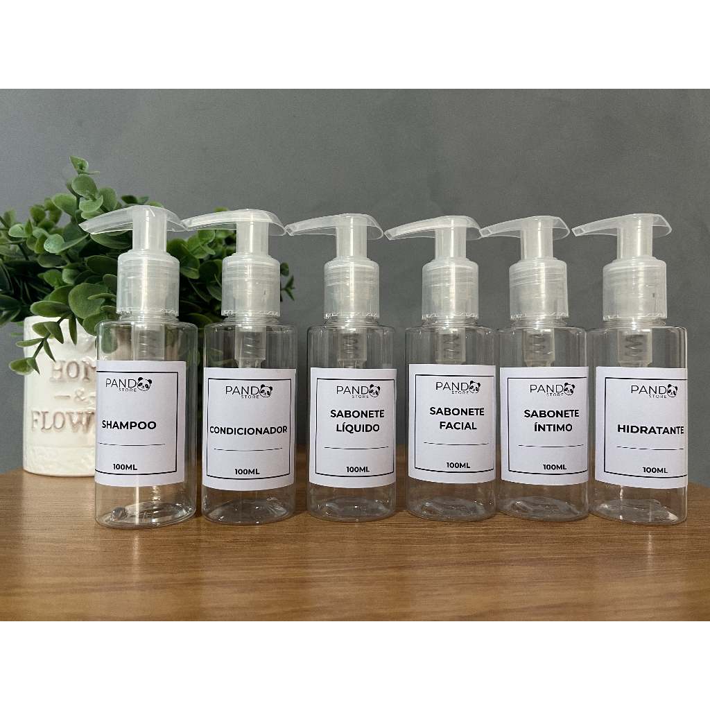 Kit viagem 04 Frascos Cristal 100ml - Shampoo, Cond., Sab. Líquido e Sab. facial em Oferta na Shopee