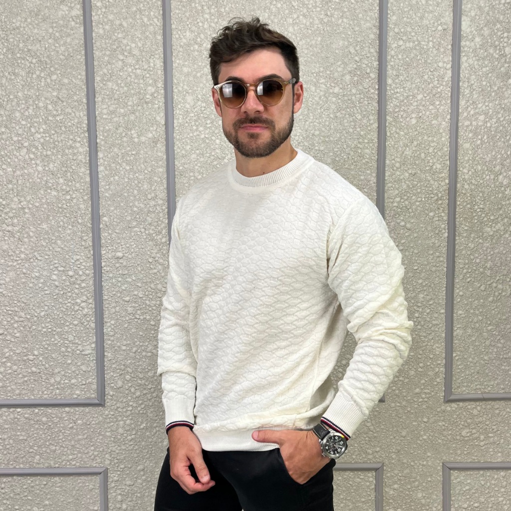 Suéter Masculino Tricô Gola Redonda Texturizado Manga Longa Premium Inverno