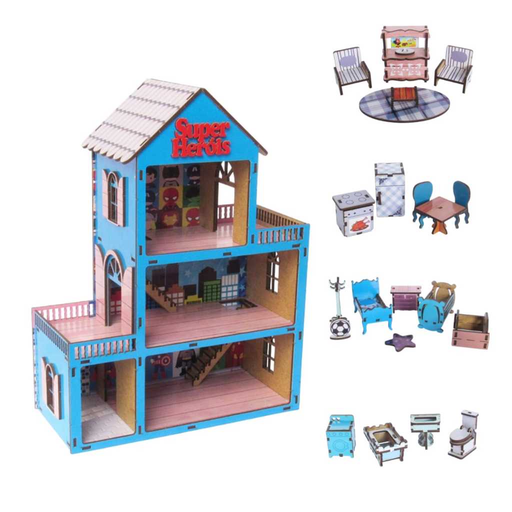 Casinha de boneco 30cm com 20 mini moveis em mdf cru para presentear meninos herois em Oferta na Shopee