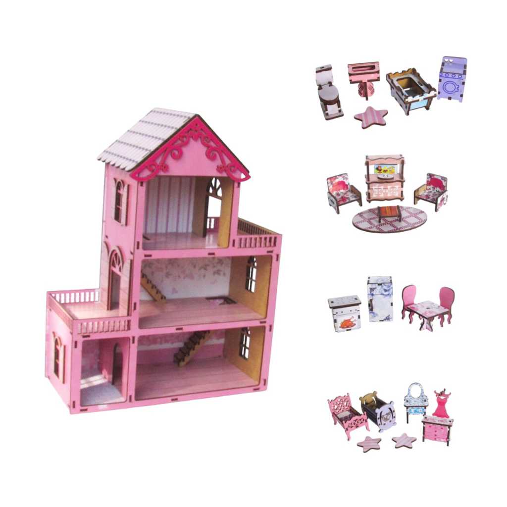 Casinha de boneca colorida 30cm com 20 mini moveis em mdf para presentear em Oferta na Shopee