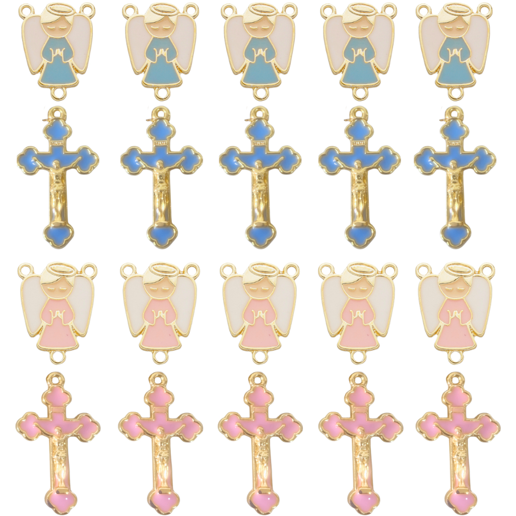 10 Entremeios Anjinho Para Terço + 10 Crucifixos Cruz Infantil Crisma Batismo Dourado Rosa Azul Bebê