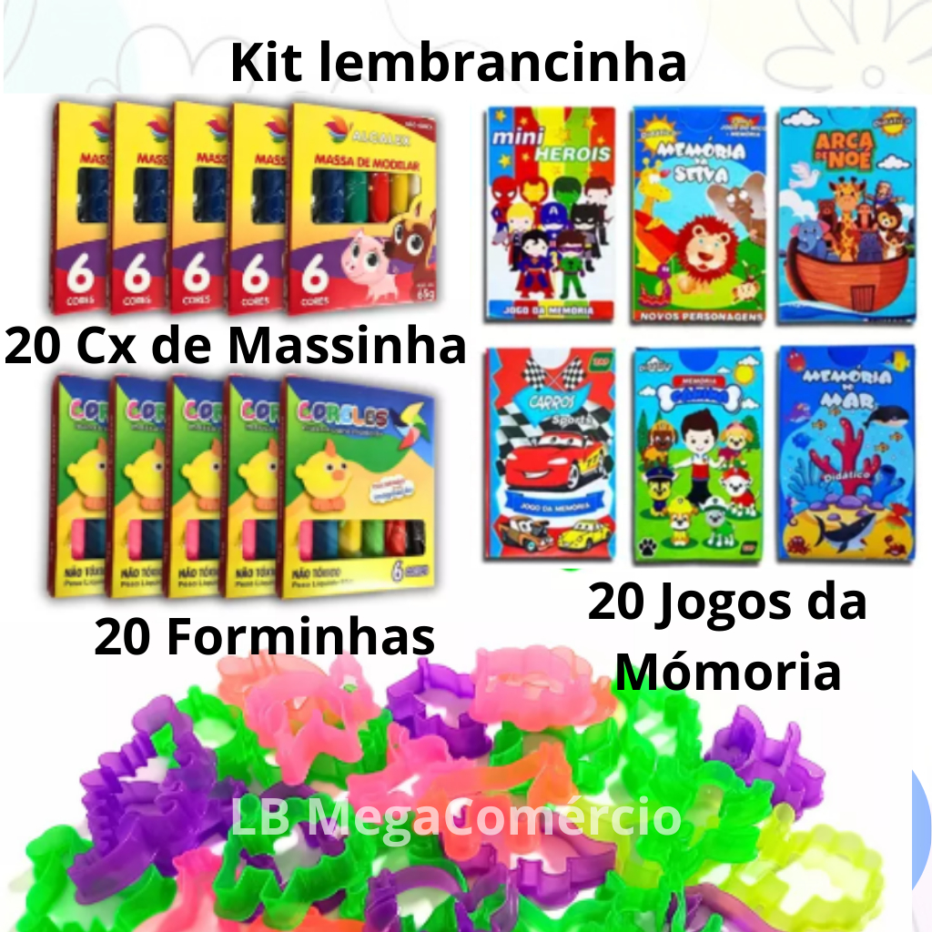 Kit 20 Caixinhas de Massinha 65gr+20 Forminhas+20 Jogos da Memória Sortidos Brinquedo Infantil Festa Lembrancinha em Oferta na Shopee