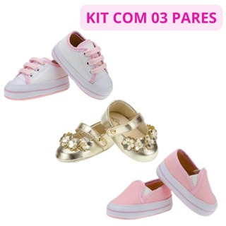 sapato de bebe menina kit com 03 pares macio delicada e charmosa festas aniversario 13 ao 18 em Oferta na Shopee