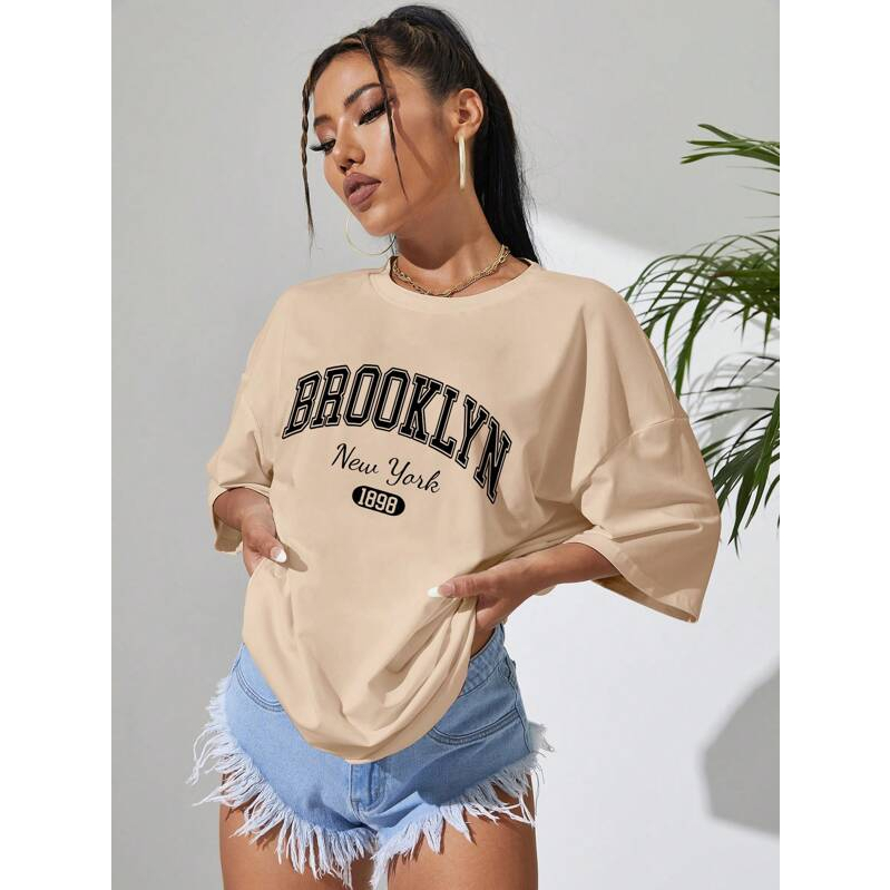 Camiseta Feminina Oversized Brooklyn New York 1898 Corte Reto Retilo de Rua Larga