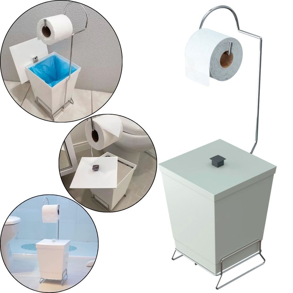 Lixeira Branca 6,5L com Tampa e Suporte para Papel Higiênico