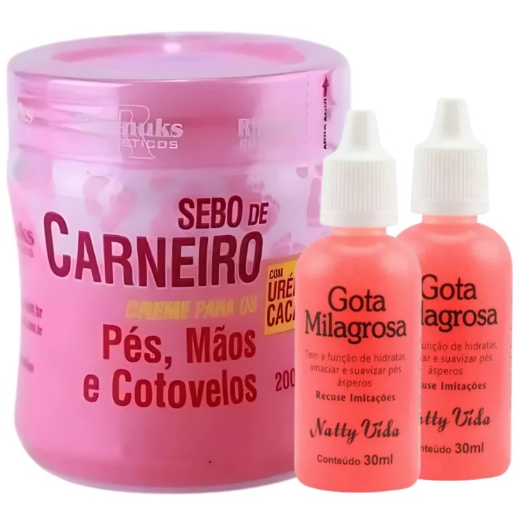 Kit Pés Anti Ressecamento e Rachaduras 2 Gota Milagrosa + Sebo de Carneiro 200g Rhenuks 3 Itens