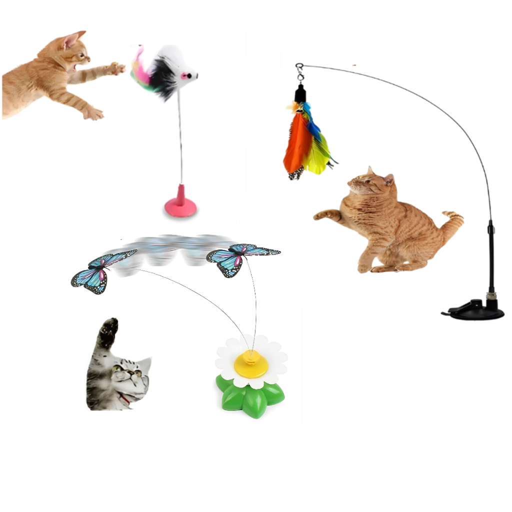 Kit C/3 Brinquedo Pet Para Gatos Ventosa Vareta Pega Ratinho Pega Libélula Gira Borboleta Interativo