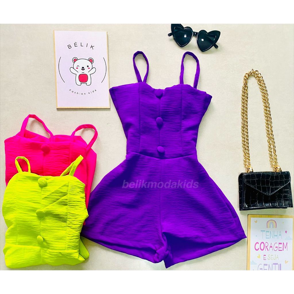 Macaquinho Infantil Com Botões Amarração Botão Alcinha Moderno Feminino Menina Verão Mini Diva Look Do Dia Blogueirinha