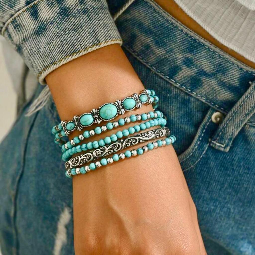 5 Pulseiras Vintage Turquesa Miçangas Kit Bracelete Prata Elegante Conjunto da Moda Fashion Festa Minimalista SHP08 em Oferta na Shopee