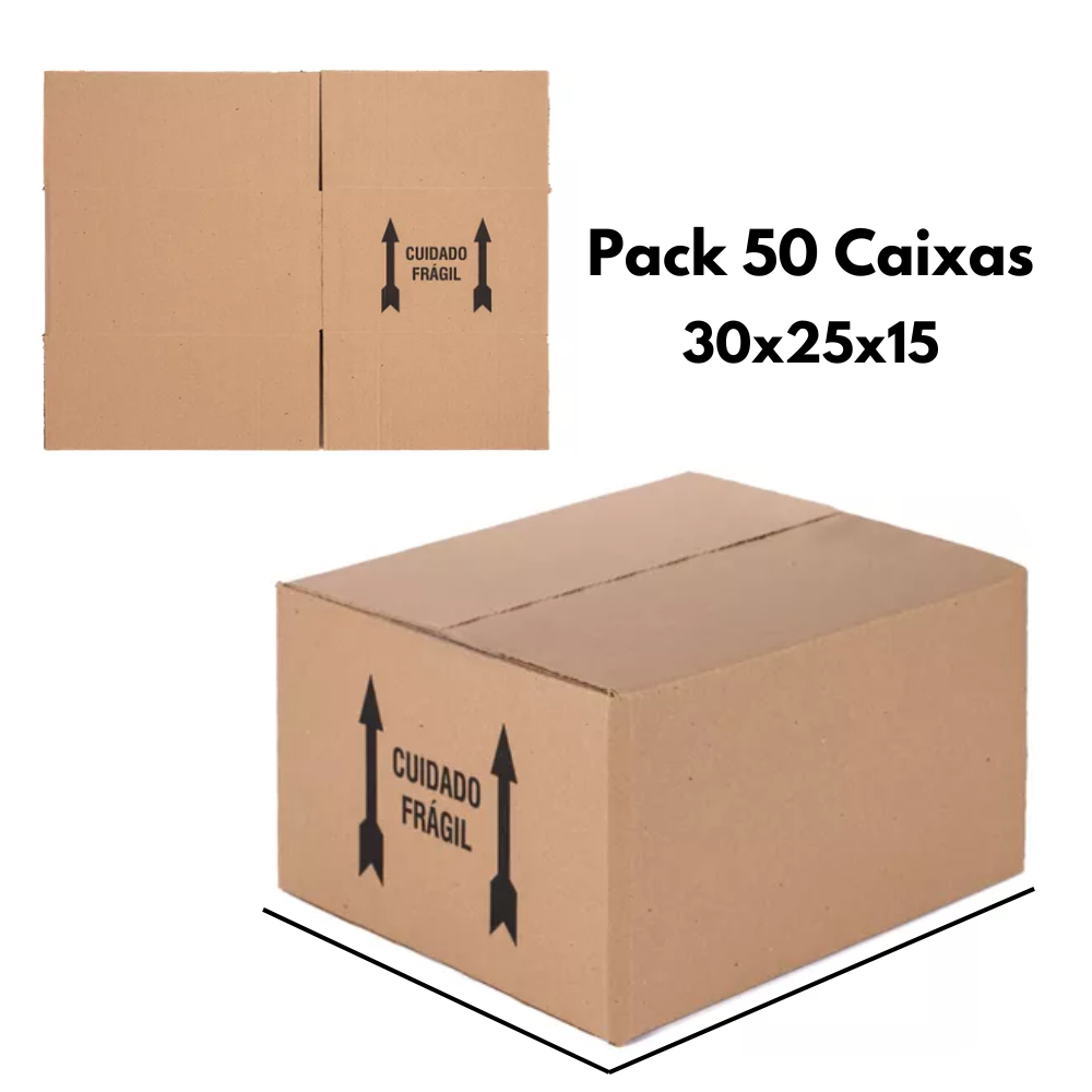 Kit 50 Caixas De Papelão 30x25x15 Cm Cuidado Frágil Premium Correios Sedex Pac Ecommerce