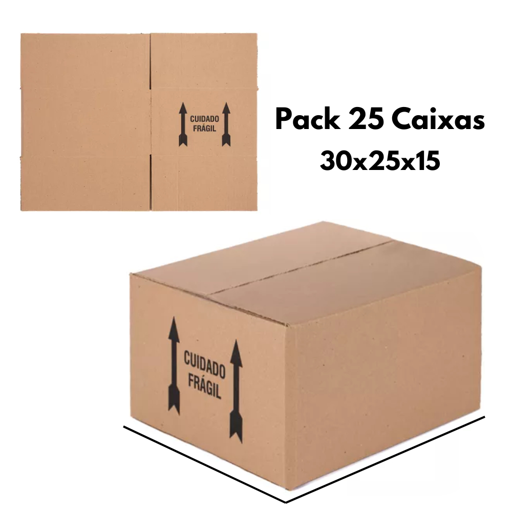 Kit 25 Caixas De Papelão 30x25x15 Cm Cuidado Frágil Premium Correios Sedex Pac Ecommerce