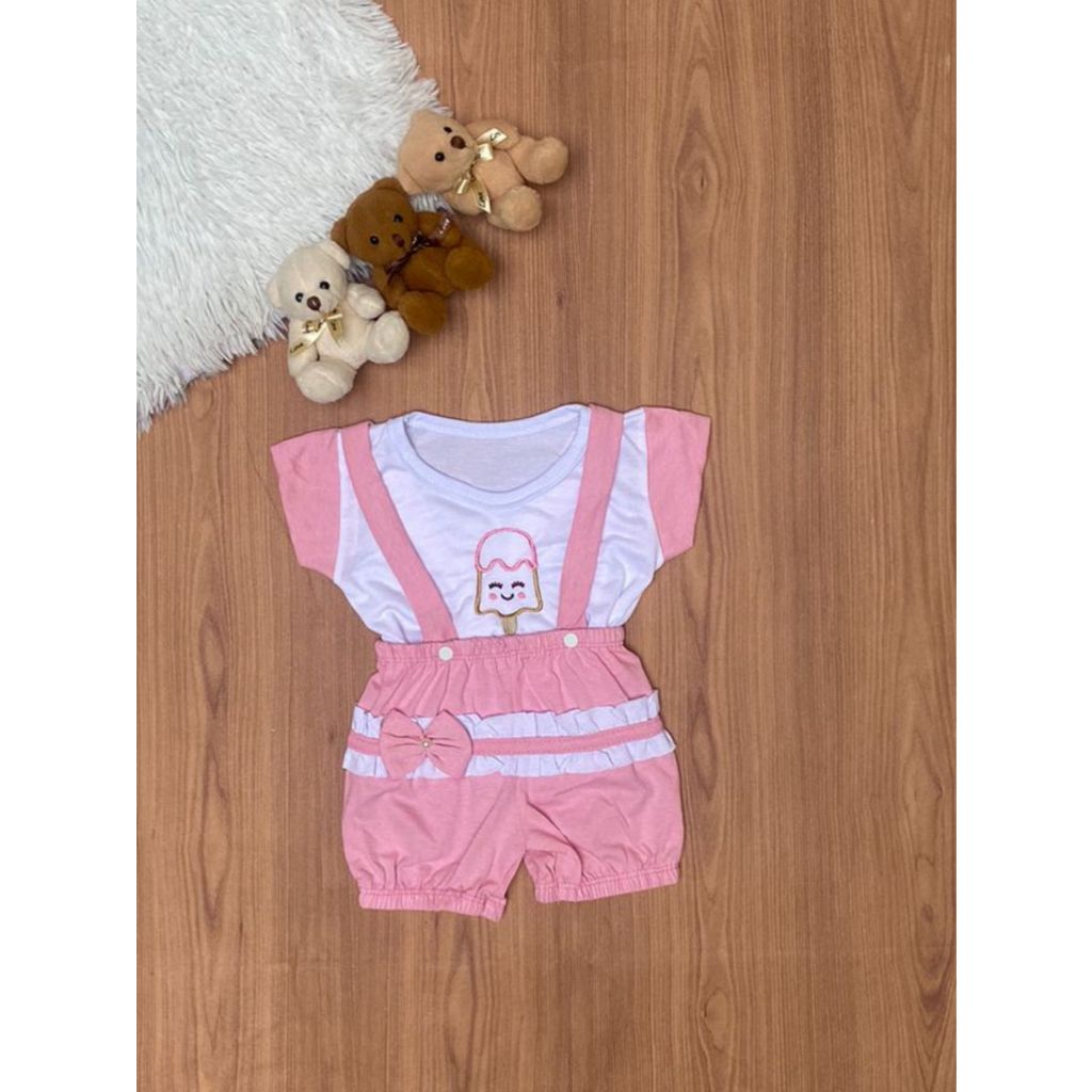 Jardineira com camisa bebê recém-nascida 0-3 meses princesa picolé 2 peças