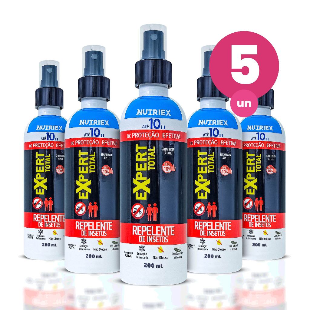 Kit 5 Spray Repelente de Insetos Expert Total Family 10 Horas Deet 200ml Nutriex Profissional - Beauty