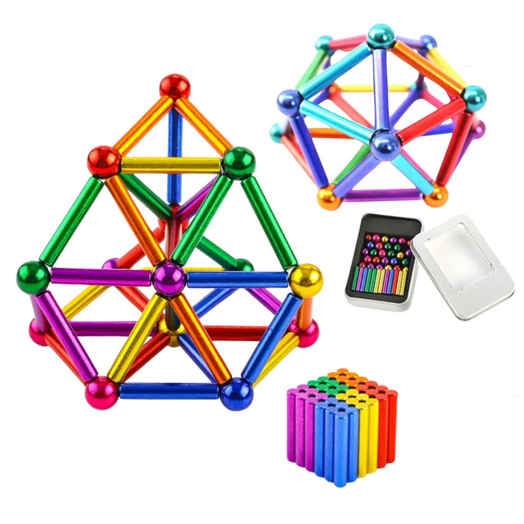 Pirâmide Magnética Imã 27 Esferas 8mm 36 Bastões Hastes Colorida Neocube Latinha Guardar