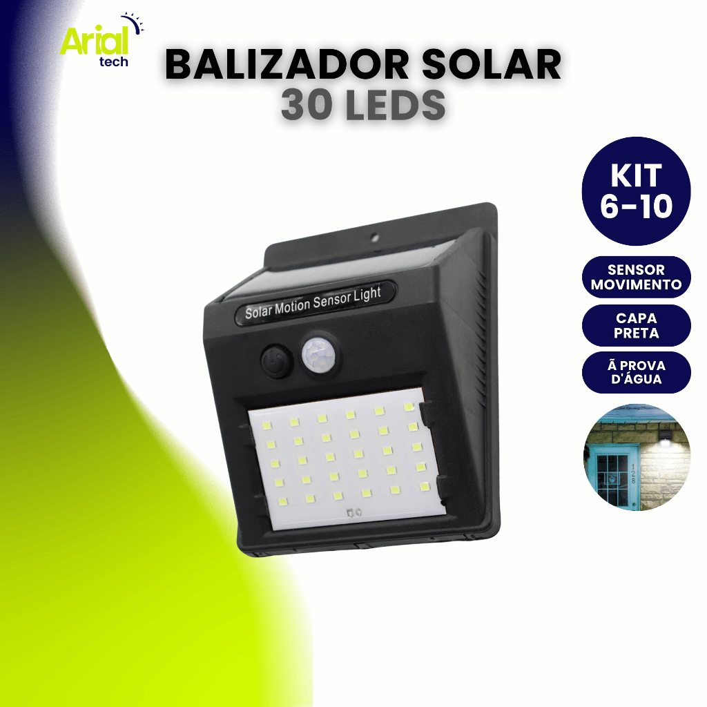 Luminária Balizador 30 Leds Energia Solar Com Sensor Presença S/fio Externo Kit6/Kit10