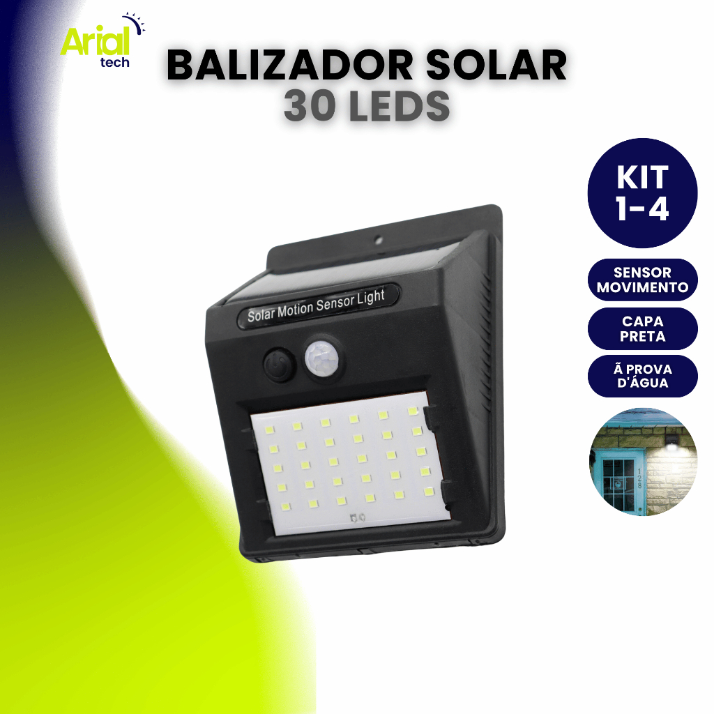Luminária Balizador 30 Leds Energia Solar Com Sensor Presença S/fio Externo Unitário|kit2|kit4