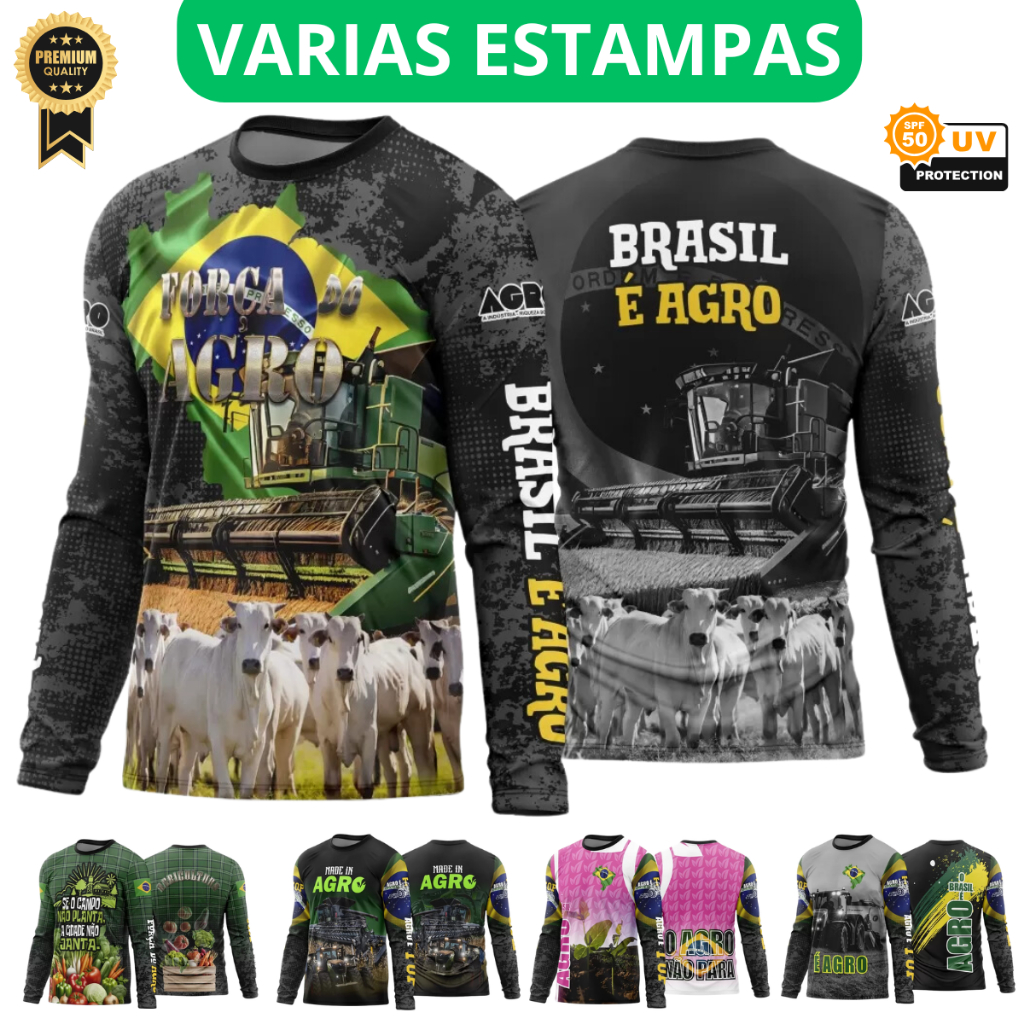 Camisa Camiseta Agro Unissex Brasil Agropecuária Bruto UV 50+ Trator Blusa Proteção UV - Segunda Pele Lançamento