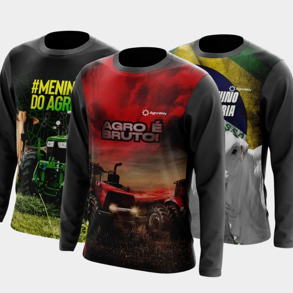 Kit 3 Camisa Camiseta Agro Manga Longa Gola Redonda Proteção UV Solar Colheita Bruto Menino Pecuária Boi Trator Brasil