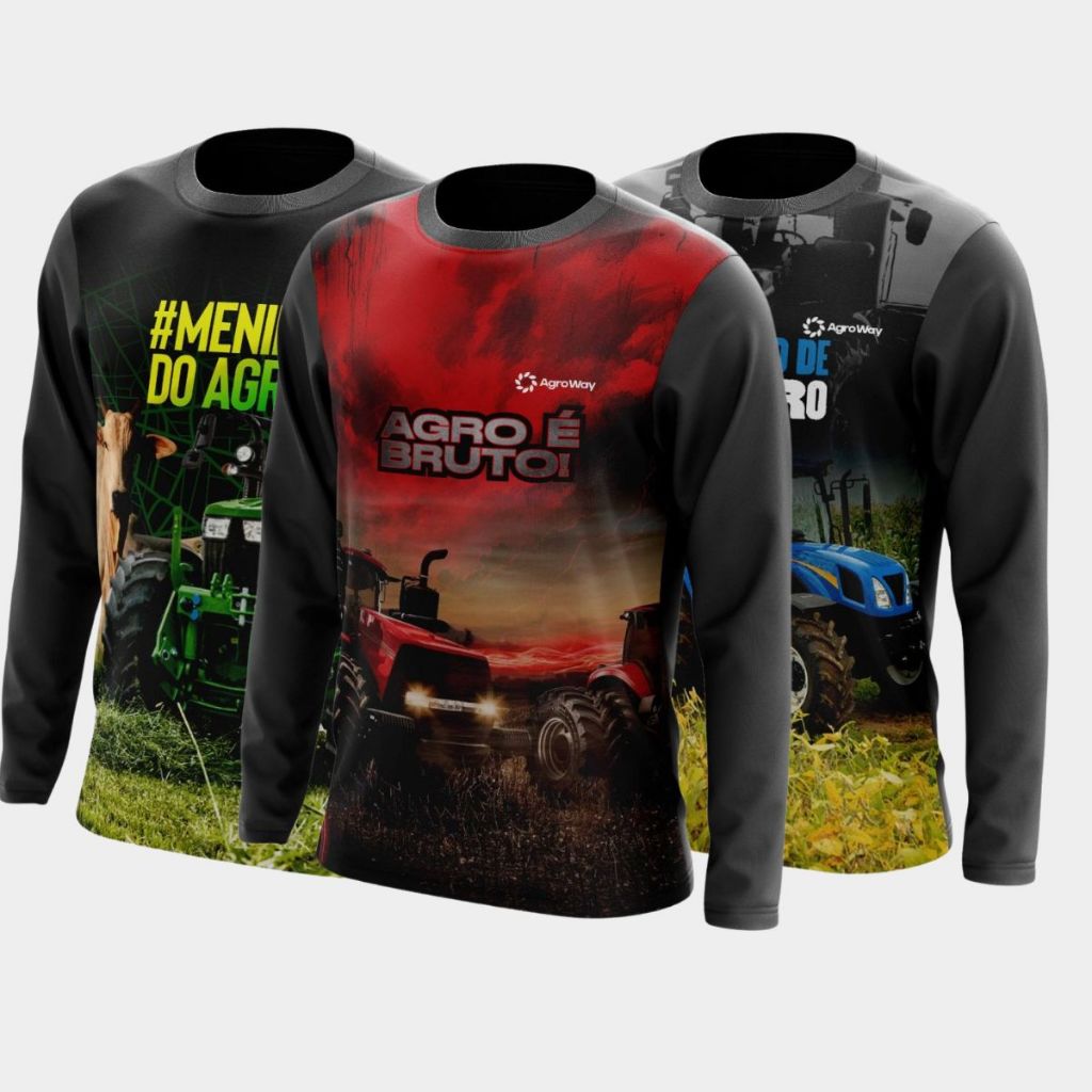 Kit 3 Camisa Camiseta Agro Manga Longa Gola Redonda Plantação Café Trator Colheita Soja Orgulho Pecuária Gado Trabalho