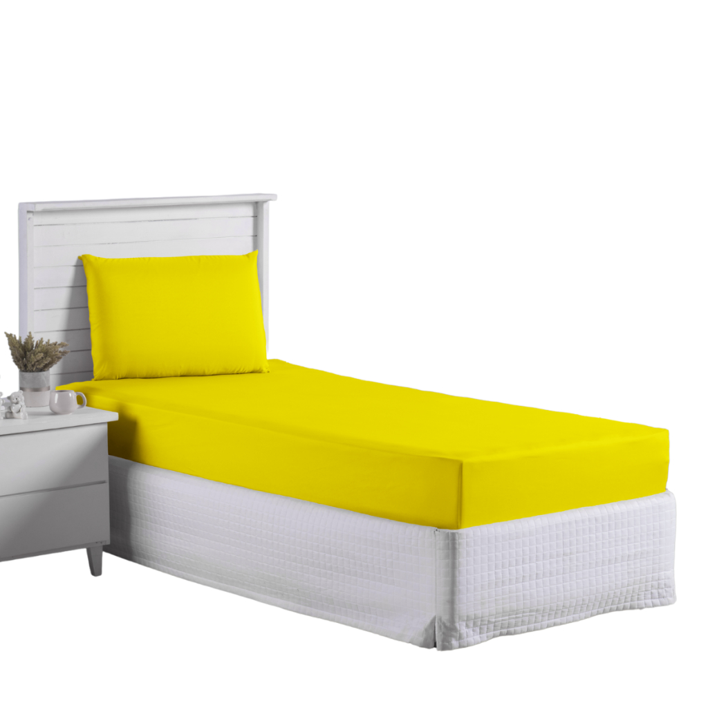 Kit Jogo Roupa Cama Lençol Com Elastico Solteiro 2 Peças Fronha Quarto Menino Menina Amarelo Basico