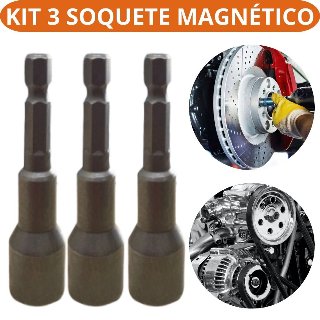 Kit 3 Soquete Magnetico Sextavado Para Parafusadeira Tipo Cachimbo Magnético Em Aço Adaptador Pontas